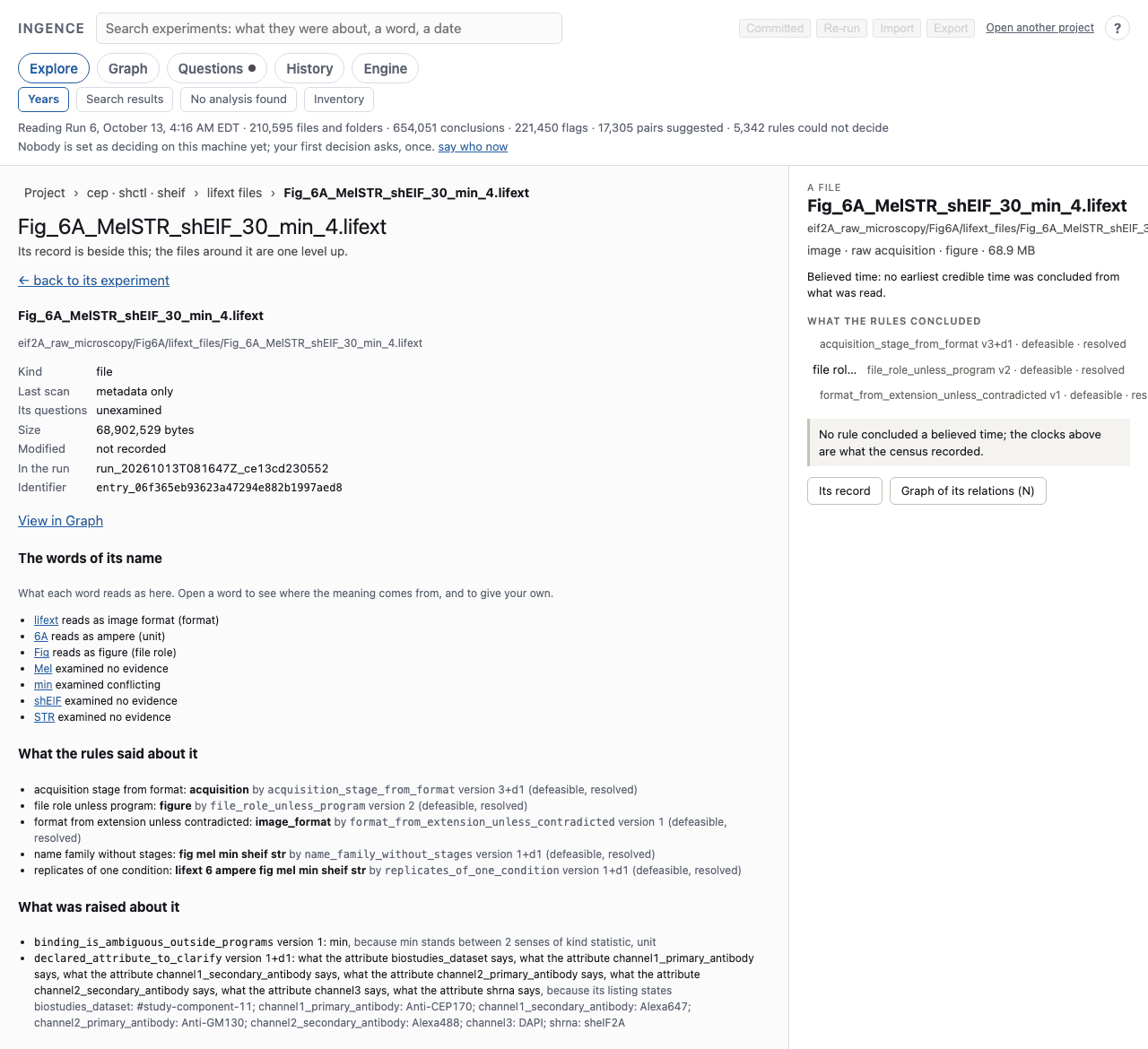 The record of one file in the Dashboard. It lists the words of the name Fig_6A_MelSTR_shEIF_30_min_4.lifext and how each was read, then the rules that concluded something about the file, each with its version.